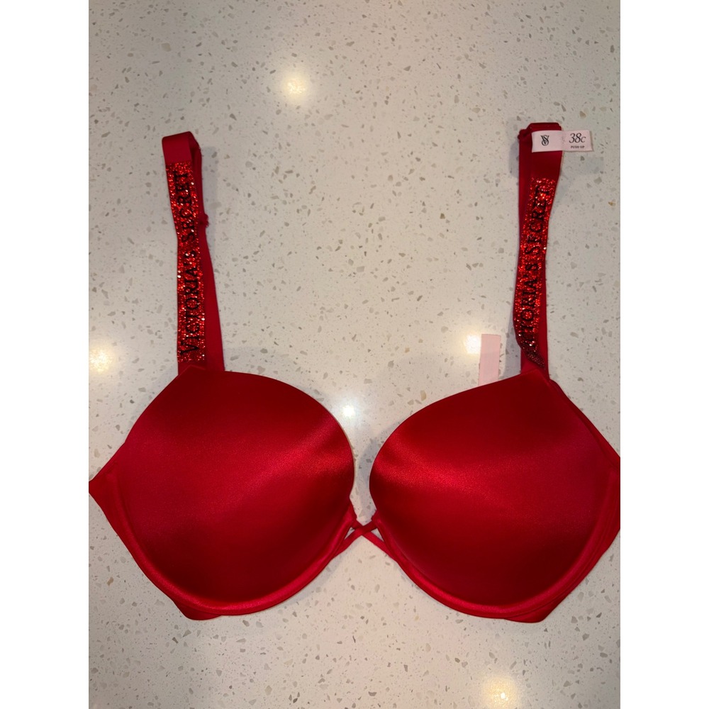 Victoria's Secret Bombshell Shine Strap Push-Up Bra 38C Red Rhinestone Plunge